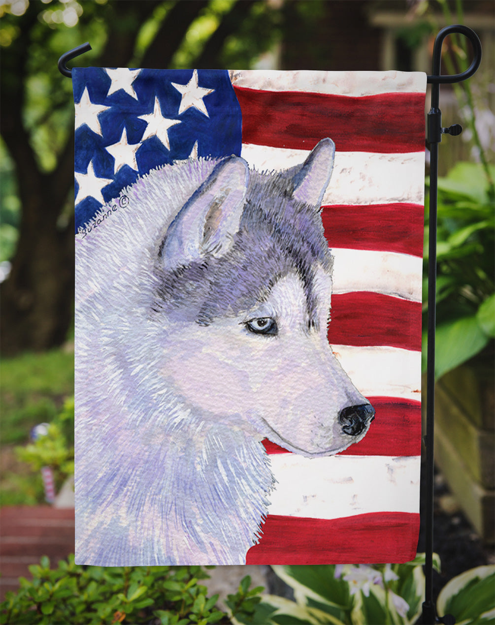 USA American Flag with Siberian Husky Flag Garden Size.