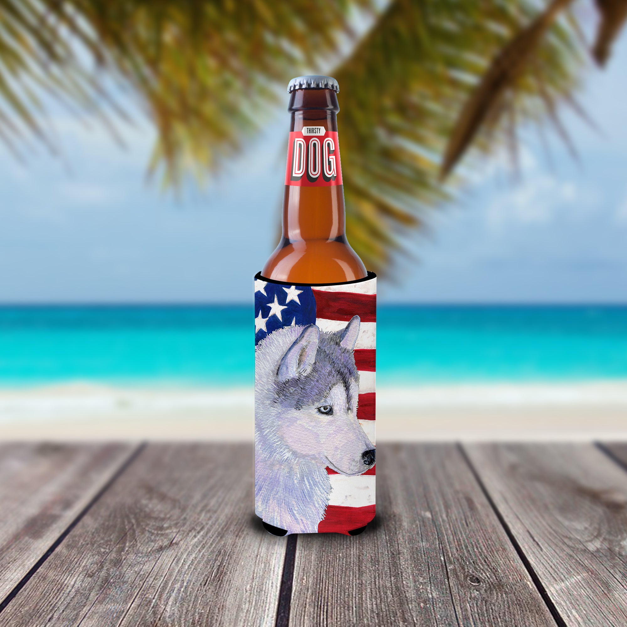 USA American Flag with Siberian Husky Ultra Beverage Insulators for slim cans SS4220MUK.