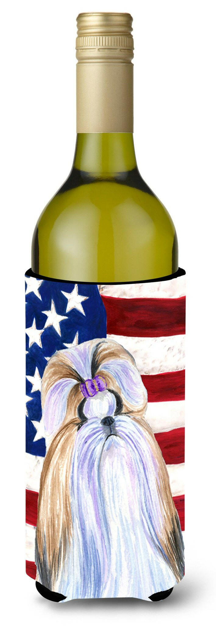 USA American Flag with Shih Tzu Wine Bottle Beverage Insulator Beverage Insulator Hugger SS4221LITERK by Caroline&#39;s Treasures