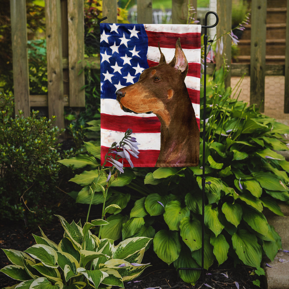 USA American Flag with Doberman Flag Garden Size.