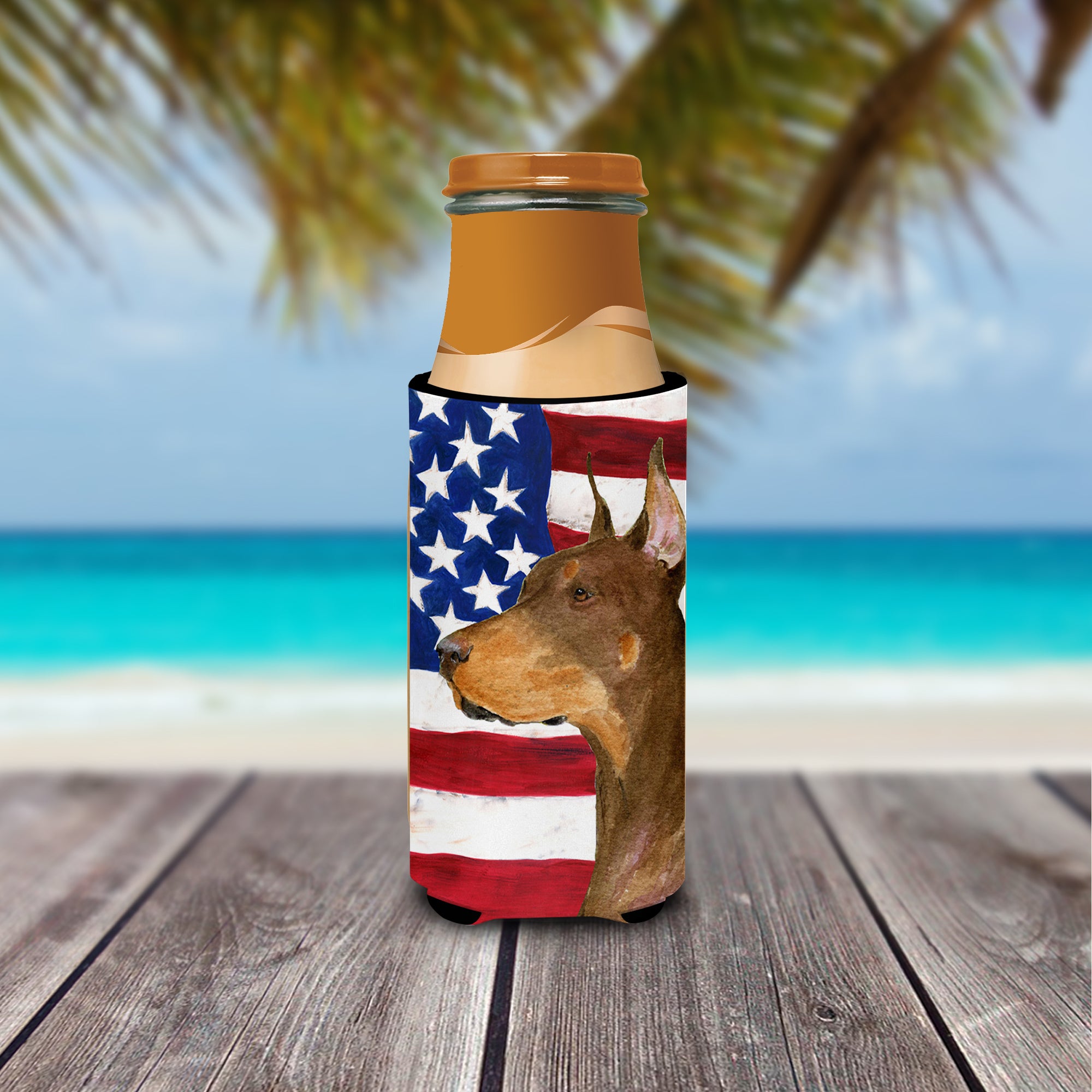 USA American Flag with Doberman Ultra Beverage Insulators for slim cans SS4224MUK.