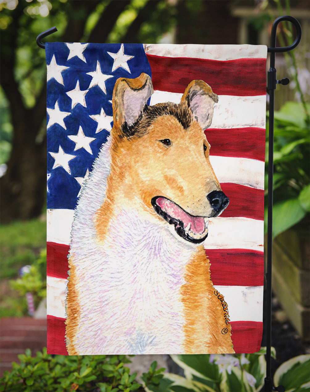 USA American Flag with Collie Smooth Flag Garden Size.