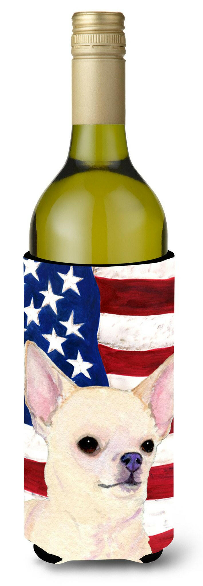 USA American Flag with Chihuahua Wine Bottle Beverage Insulator Beverage Insulator Hugger by Caroline&#39;s Treasures