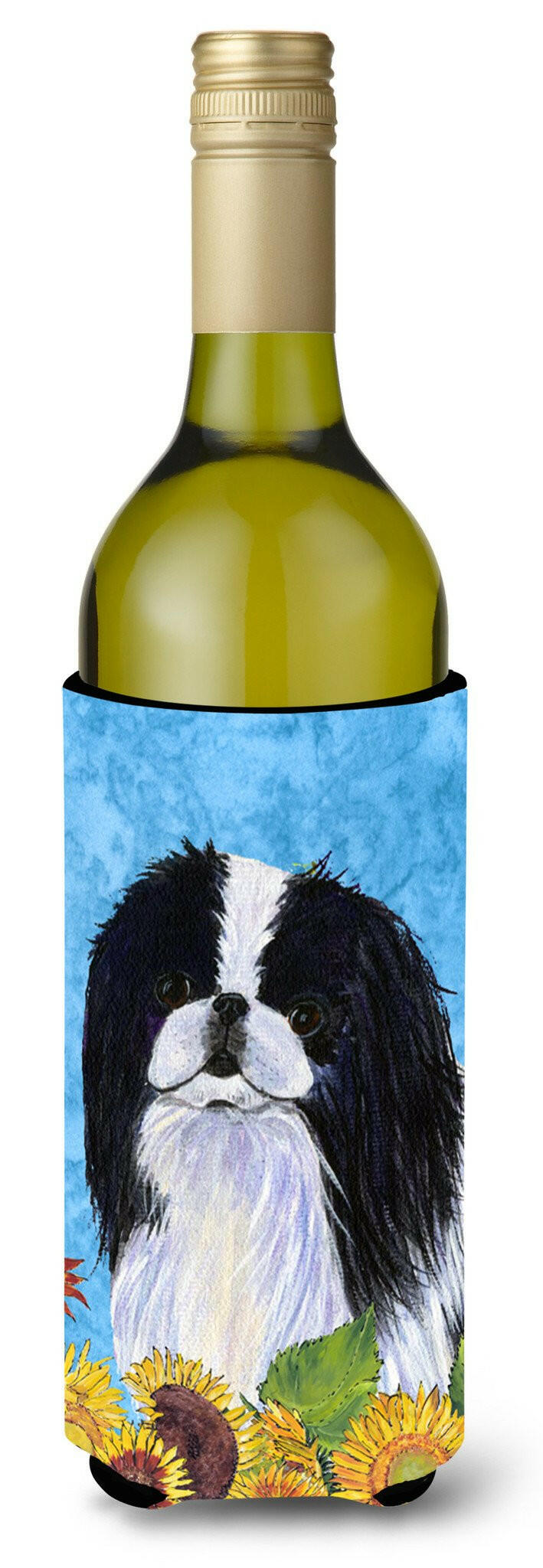 Japanese Chin in Summer Flowers Wine Bottle Beverage Insulator Beverage Insulator Hugger by Caroline&#39;s Treasures