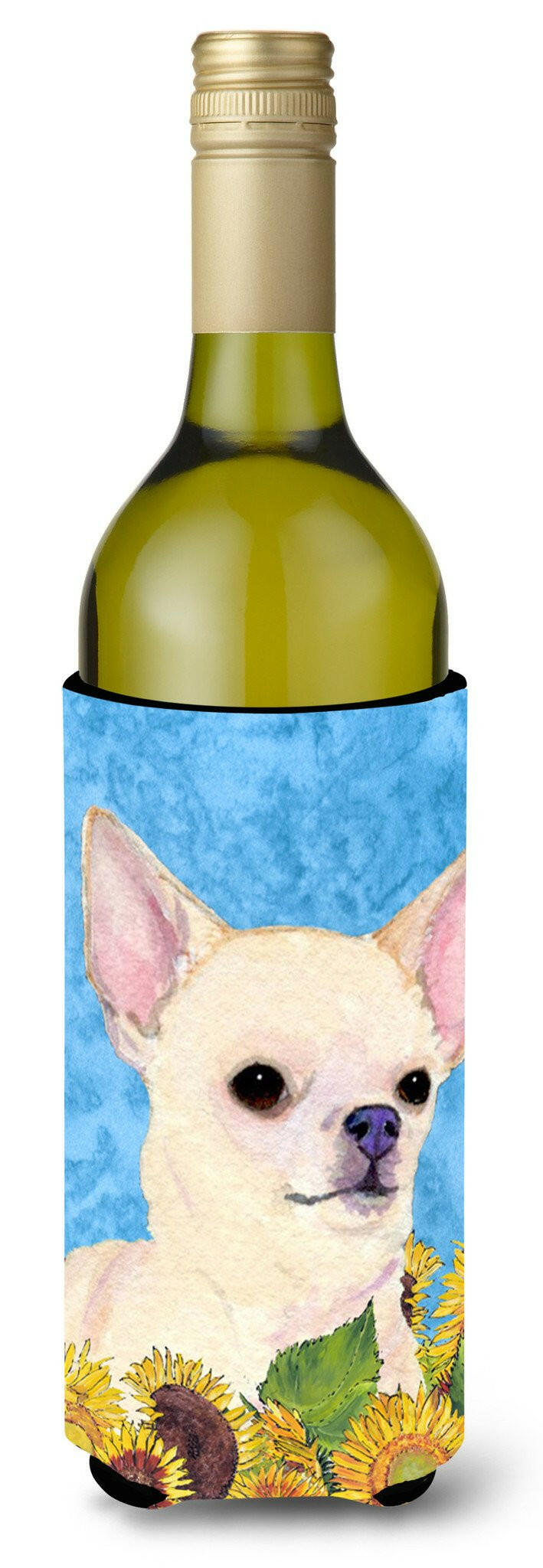 Chihuahua in Summer Flowers Wine Bottle Beverage Insulator Beverage Insulator Hugger by Caroline&#39;s Treasures