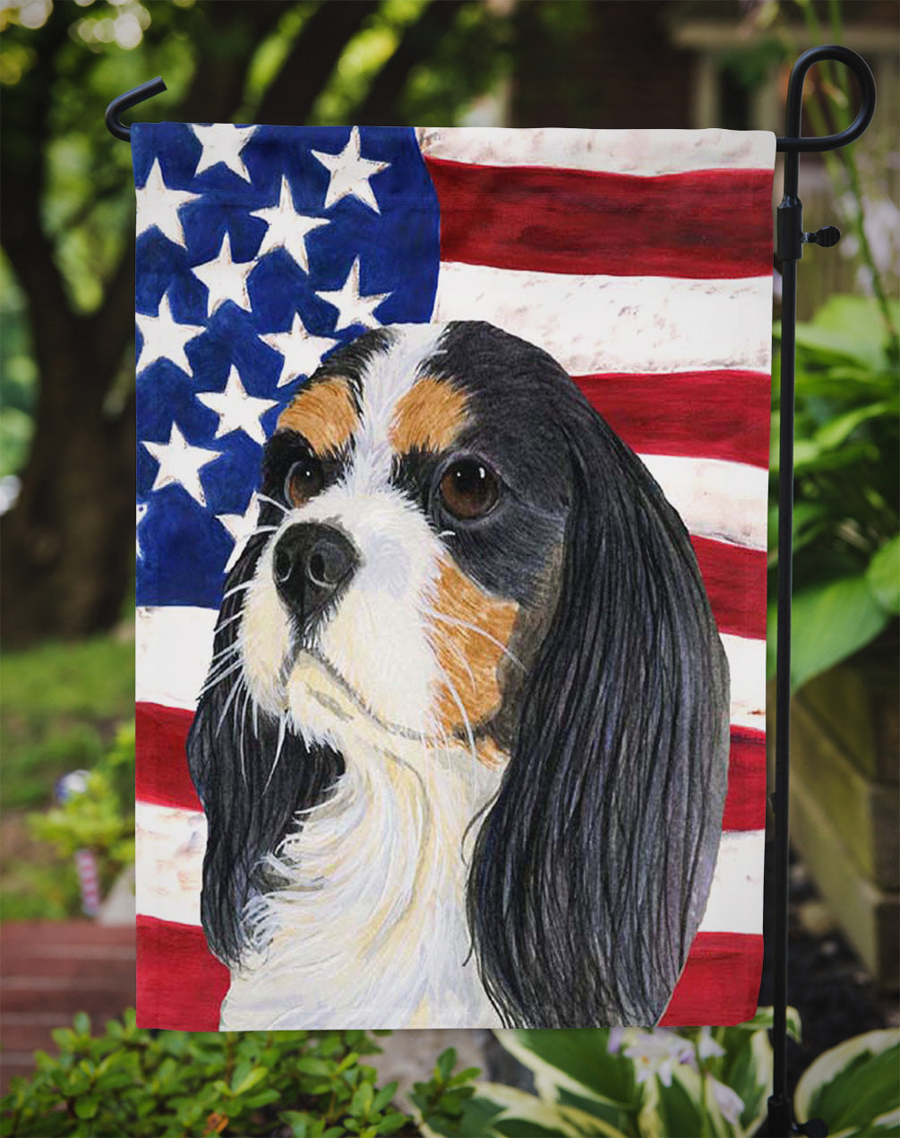 USA American Flag with Cavalier Spaniel Flag Garden Size.