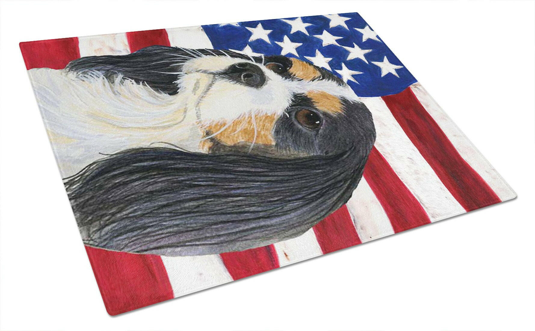 USA American Flag with Cavalier Spaniel Glass Cutting Board Large by Caroline's Treasures