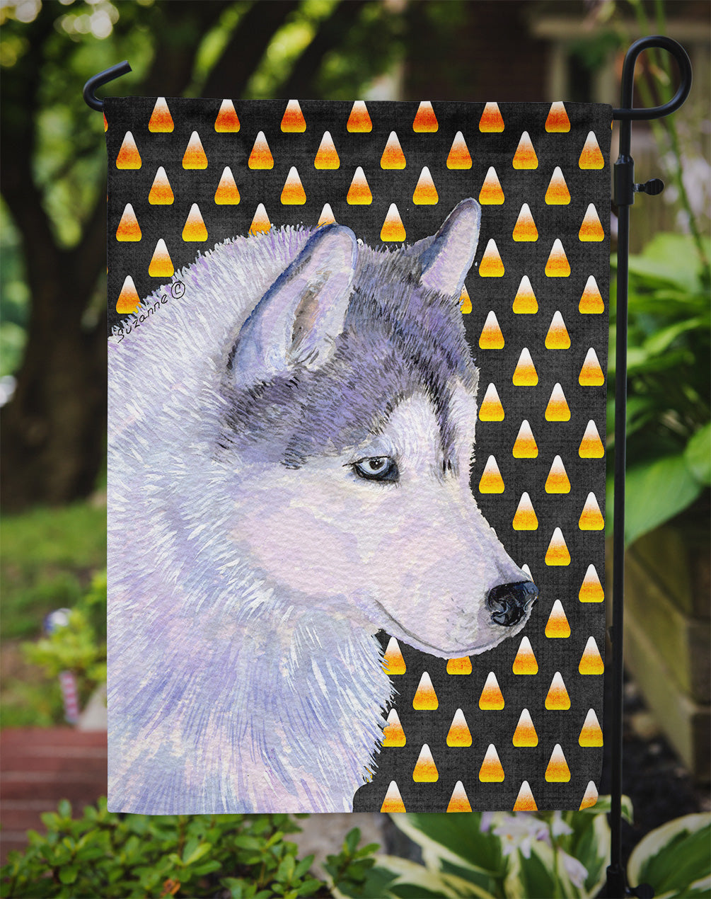 Siberian Husky Candy Corn Halloween Portrait Flag Garden Size.