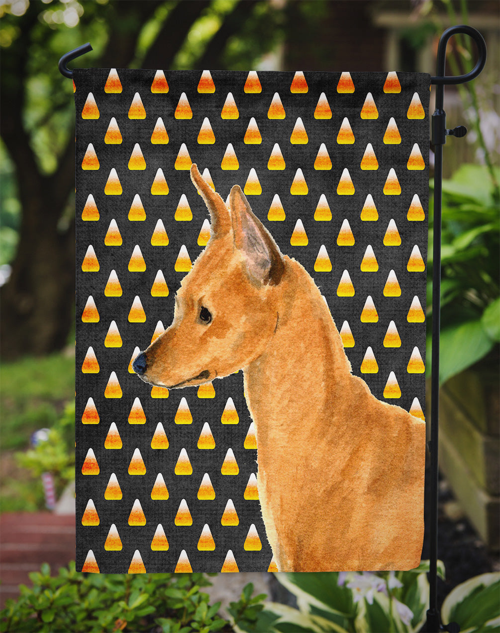 Min Pin Candy Corn Halloween Portrait Flag Garden Size.