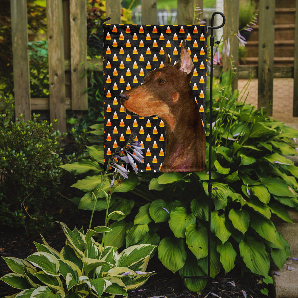 Doberman Candy Corn Halloween Portrait Flag Garden Size.