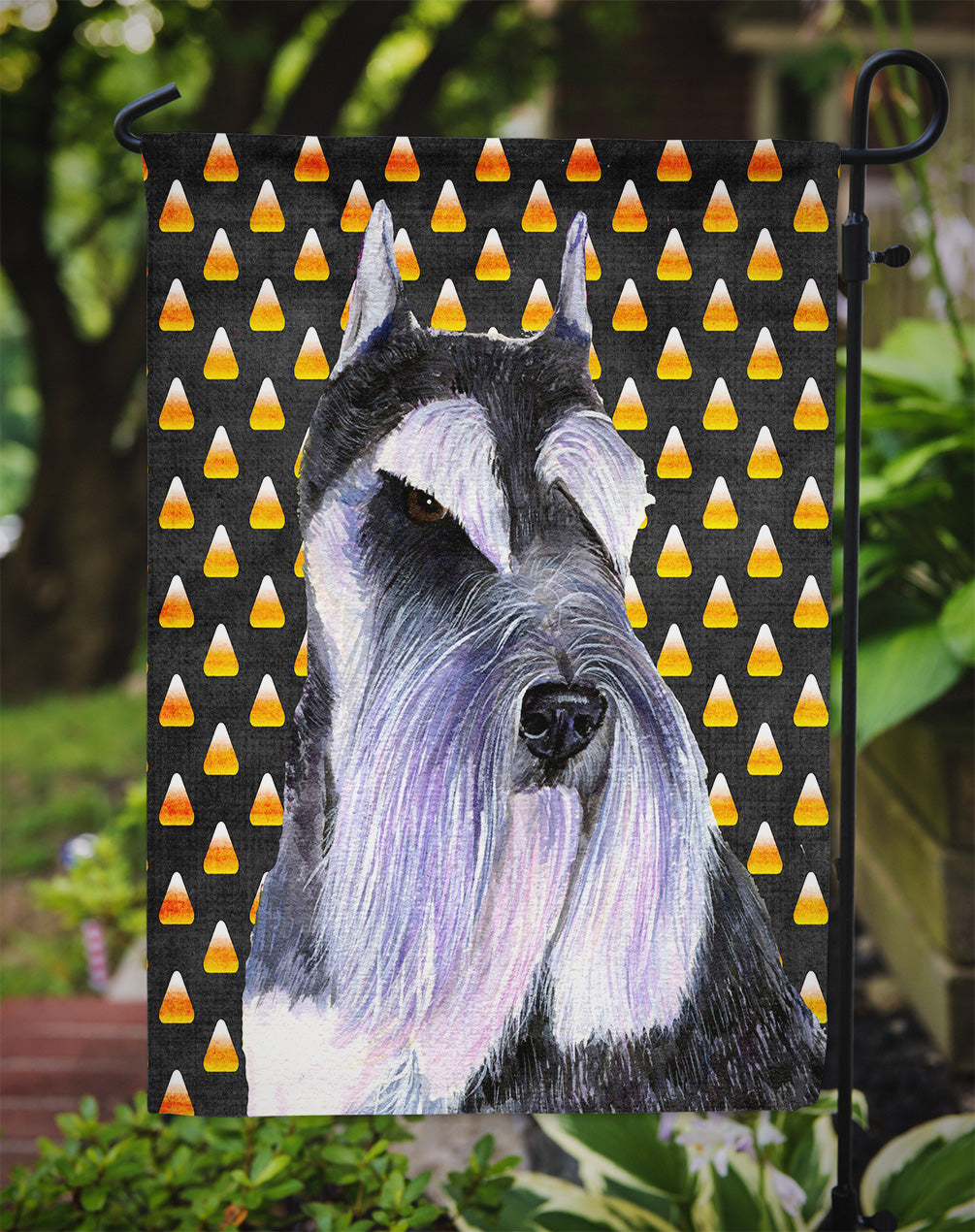 Schnauzer Candy Corn Halloween Portrait Flag Garden Size.