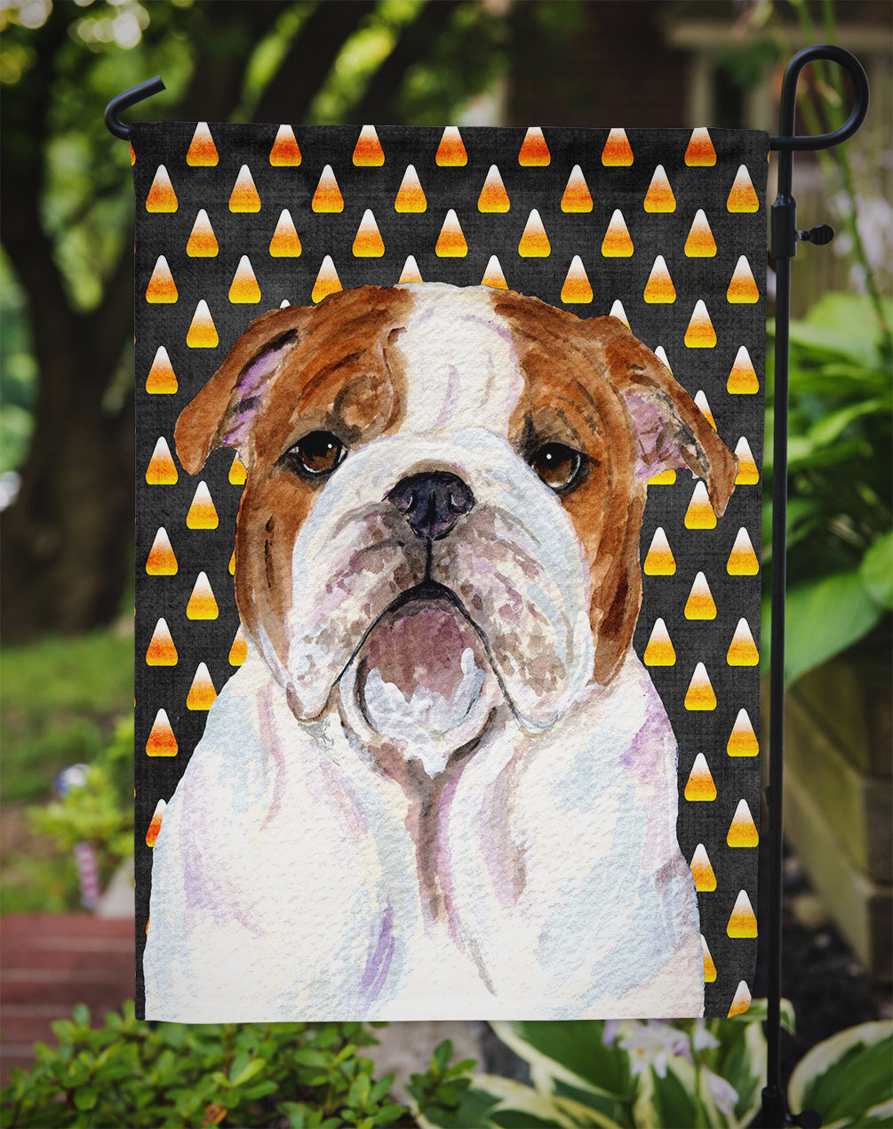 Bulldog English Candy Corn Halloween Portrait Flag Garden Size.