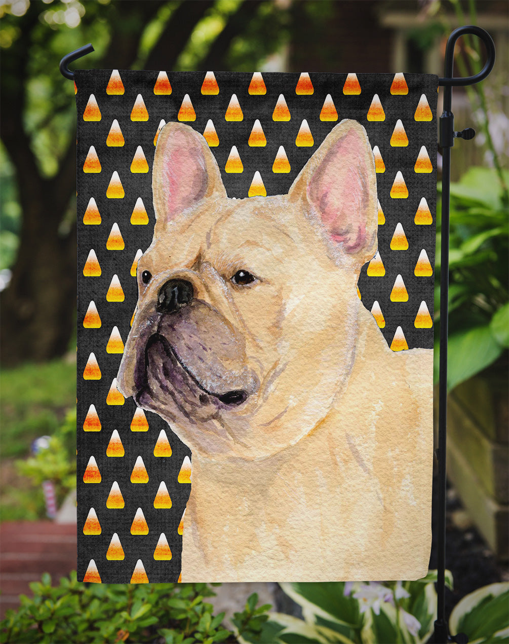 French Bulldog Candy Corn Halloween Portrait Flag Garden Size.