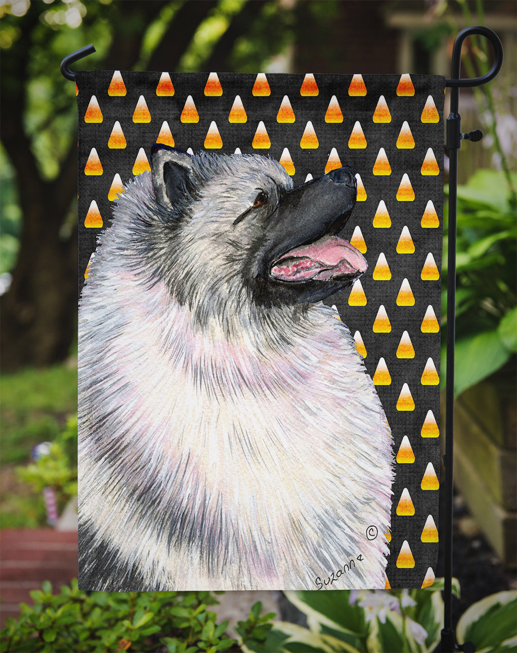 Keeshond Candy Corn Halloween Portrait Flag Garden Size.