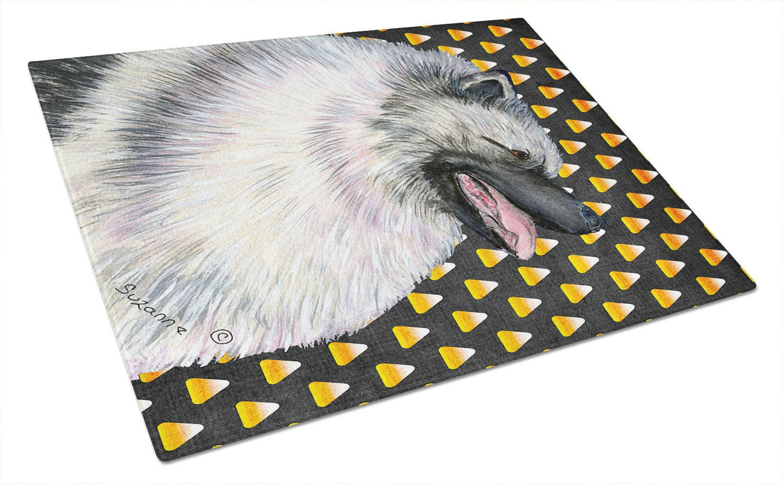 Keeshond Candy Corn Halloween Portrait Glass Cutting Board Large by Caroline's Treasures