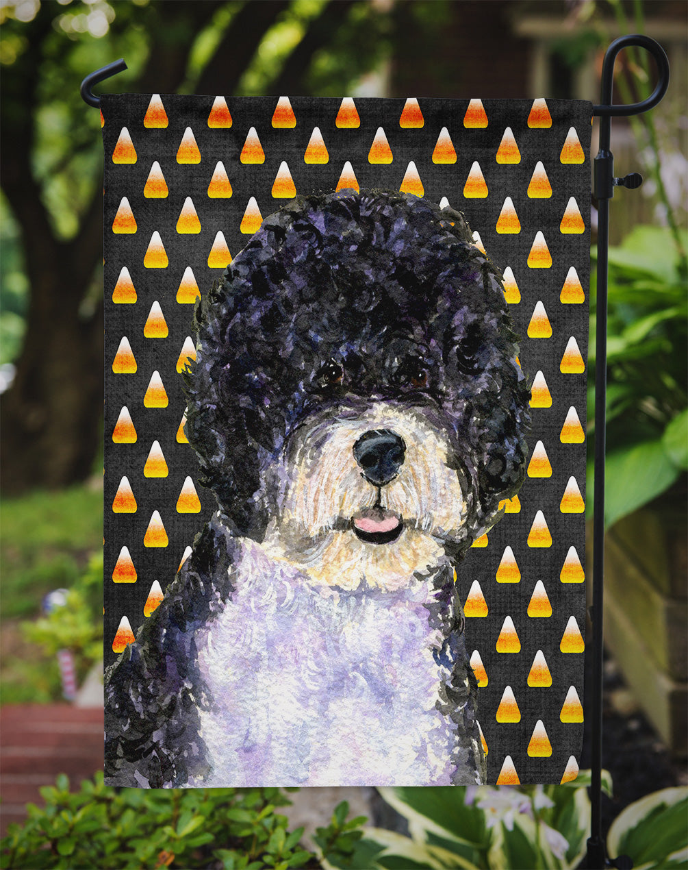 Portuguese Water Dog Candy Corn Halloween Portrait Flag Garden Size.