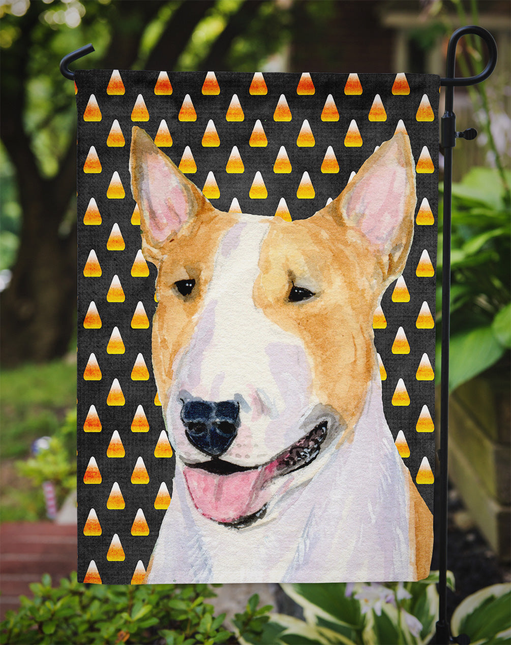 Bull Terrier Candy Corn Halloween Portrait Flag Garden Size.