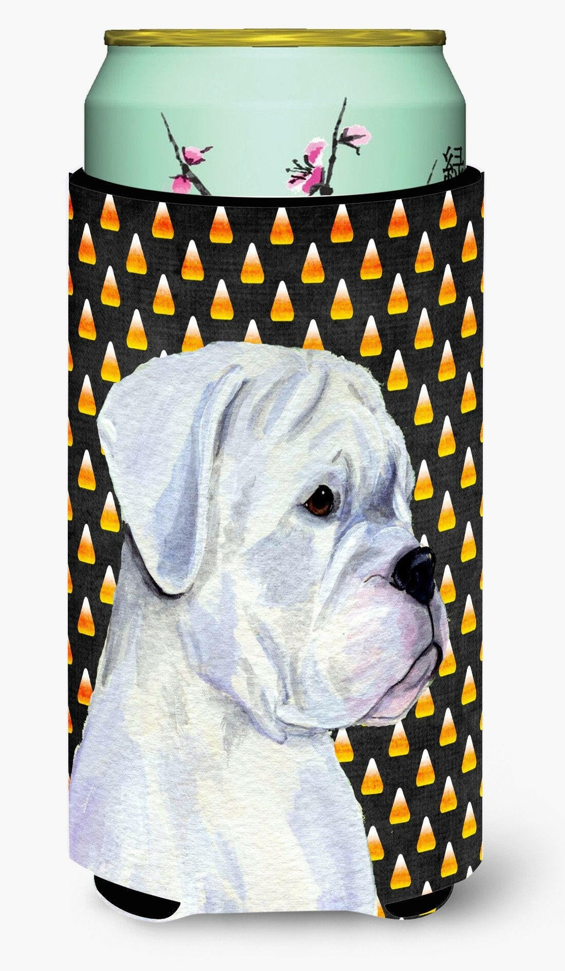 Boxer White Candy Corn Halloween Portrait  Tall Boy Beverage Insulator Beverage Insulator Hugger by Caroline's Treasures