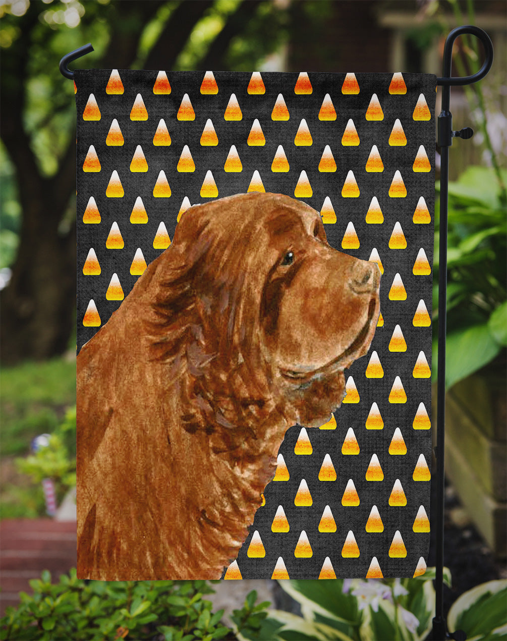 Sussex Spaniel Candy Corn Halloween Portrait Flag Garden Size.