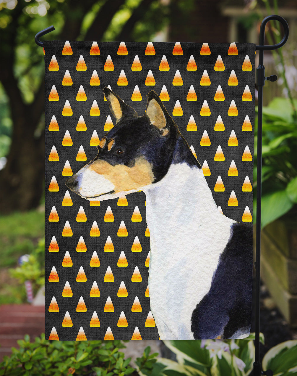 Basenji Candy Corn Halloween Portrait Flag Garden Size.