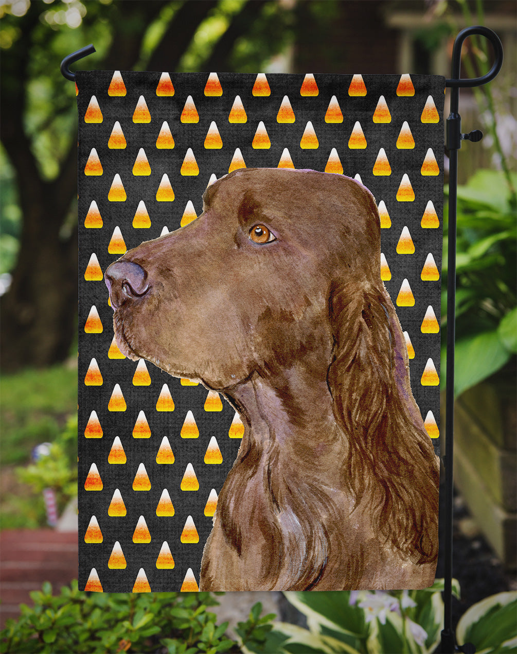 Field Spaniel Candy Corn Halloween Portrait Flag Garden Size.