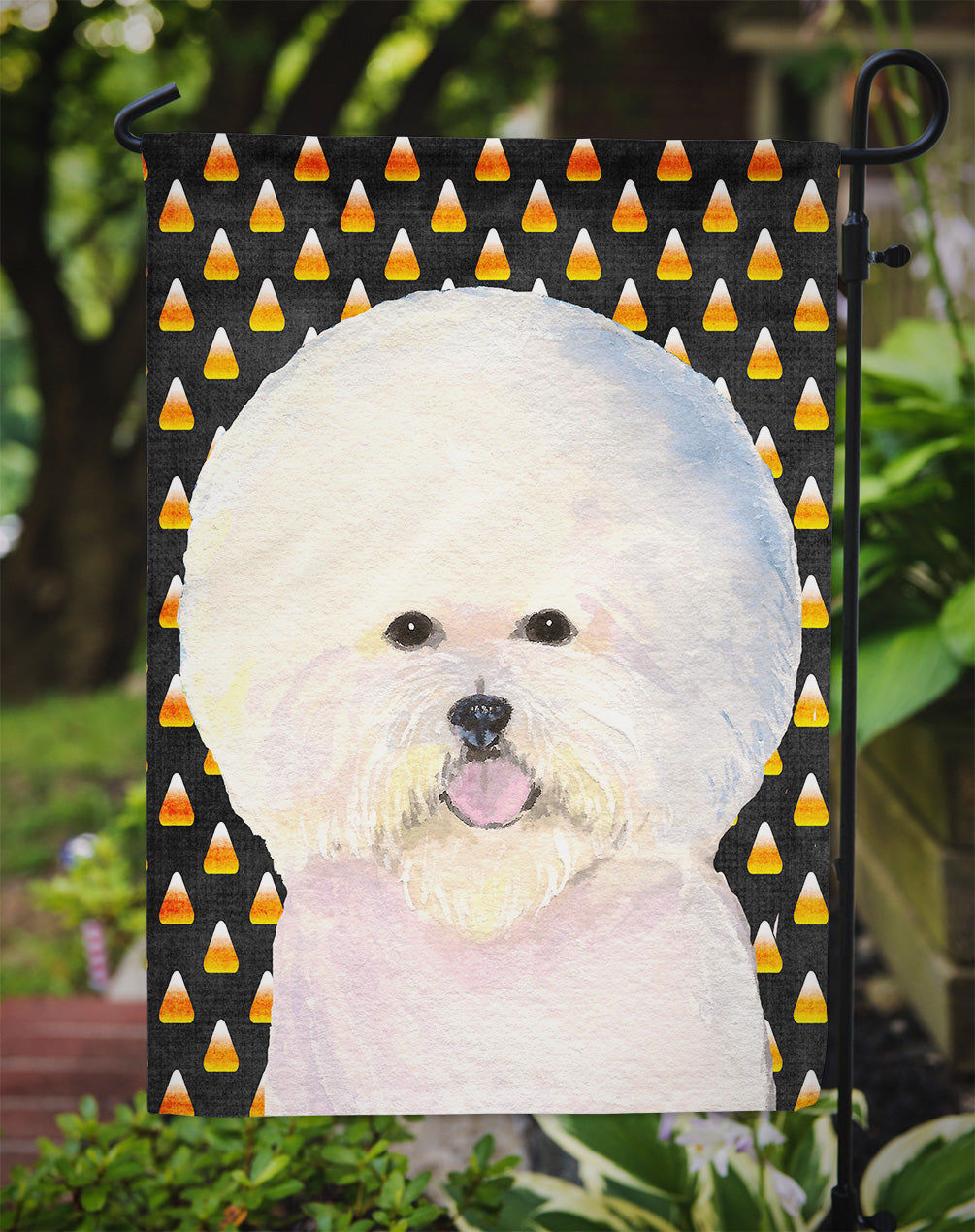 Bichon Frise Candy Corn Halloween Portrait Flag Garden Size.