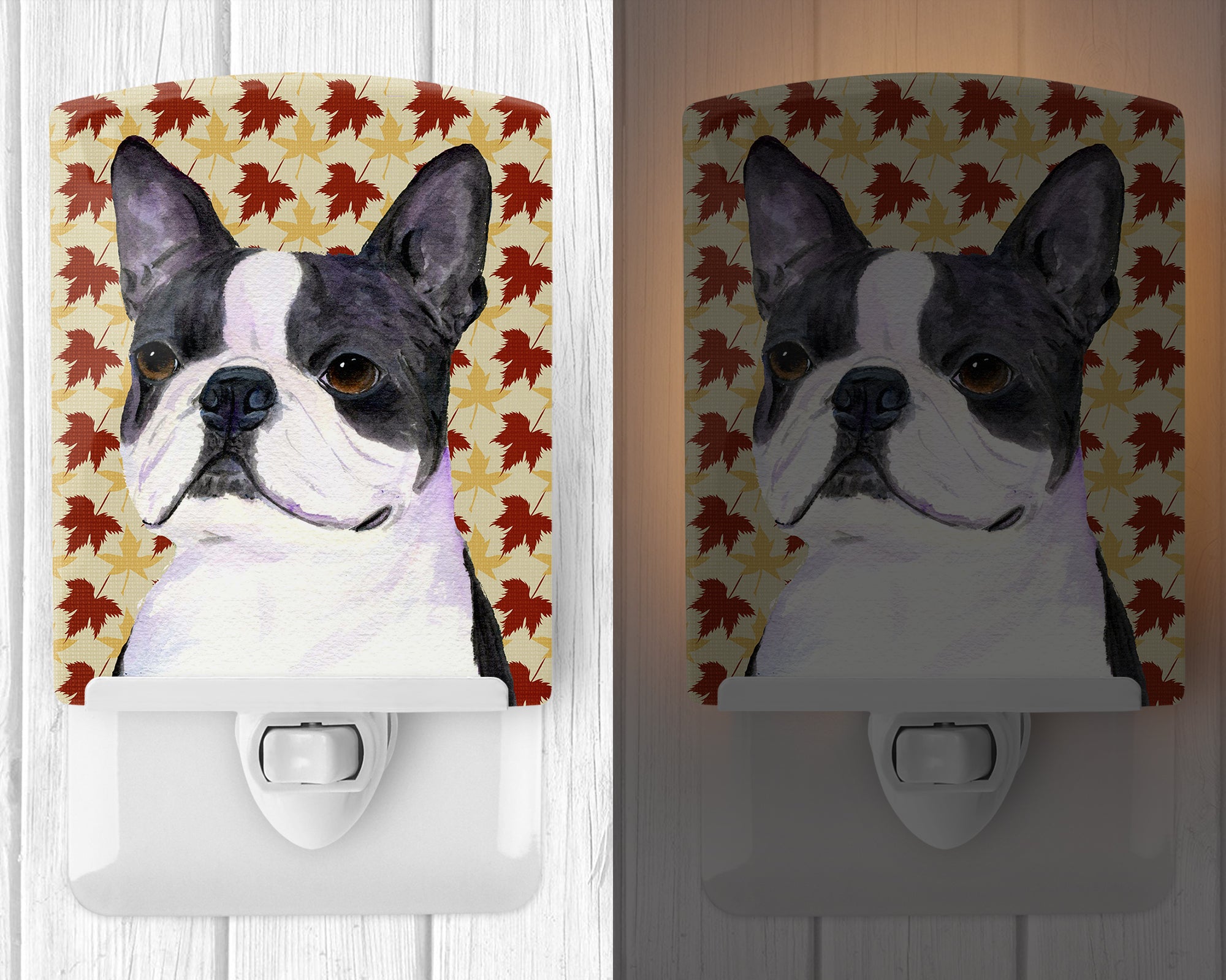 Boston Terrier Fall Leaves Portrait Ceramic Night Light SS4340CNL - the-store.com