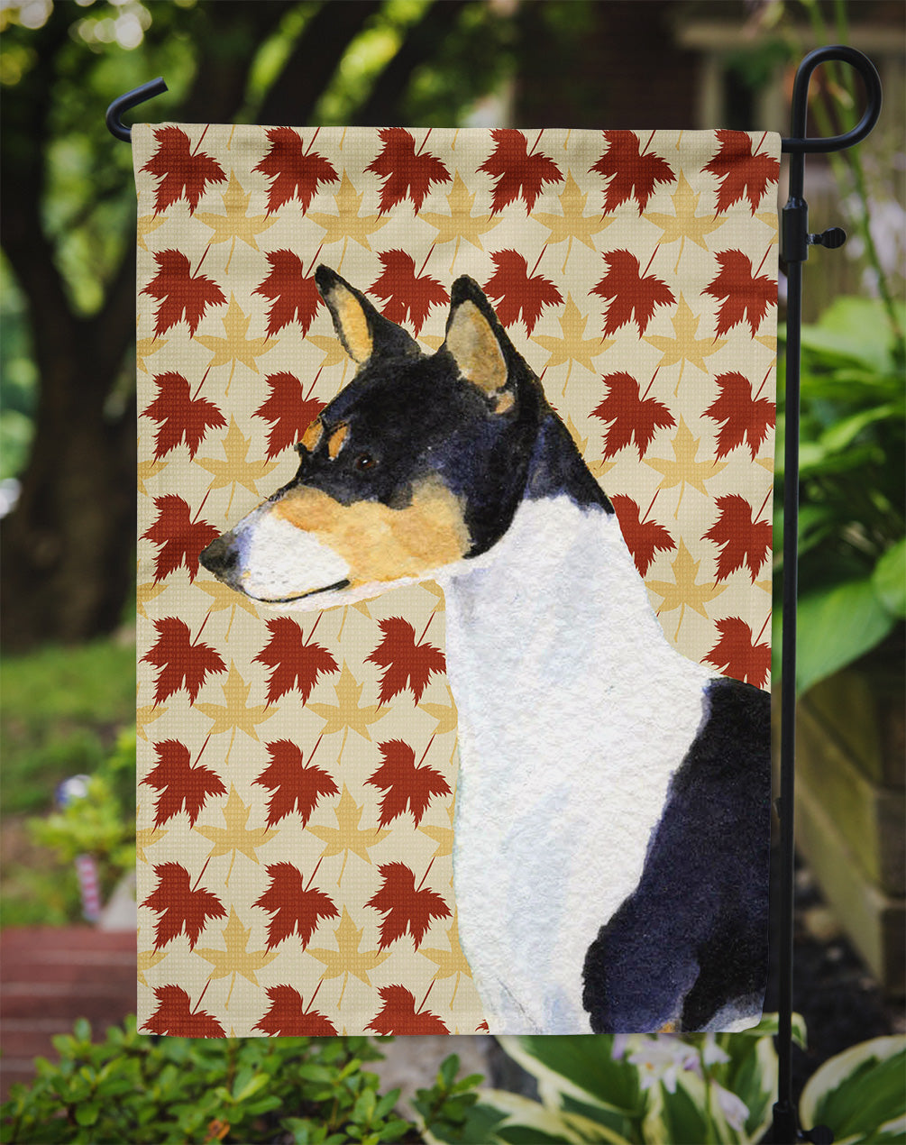 Basenji Fall Leaves Portrait Flag Garden Size.