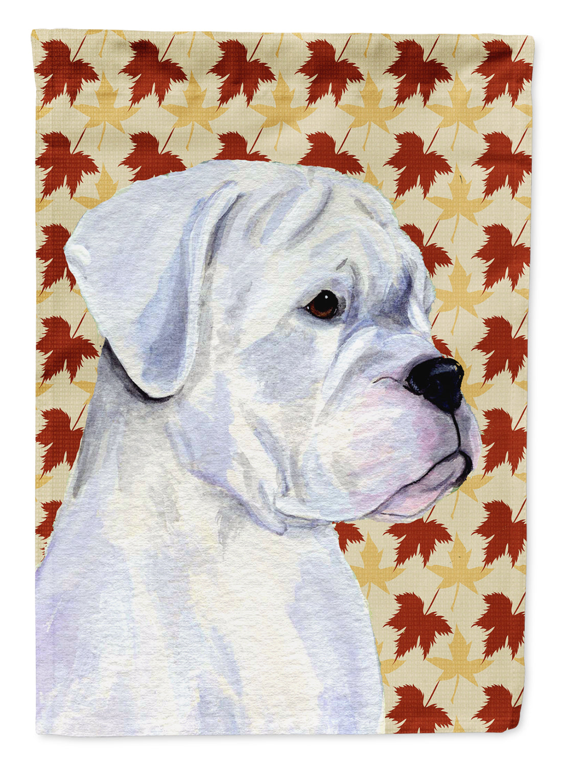 Boxer White Fall Leaves Portrait Flag Garden Size.