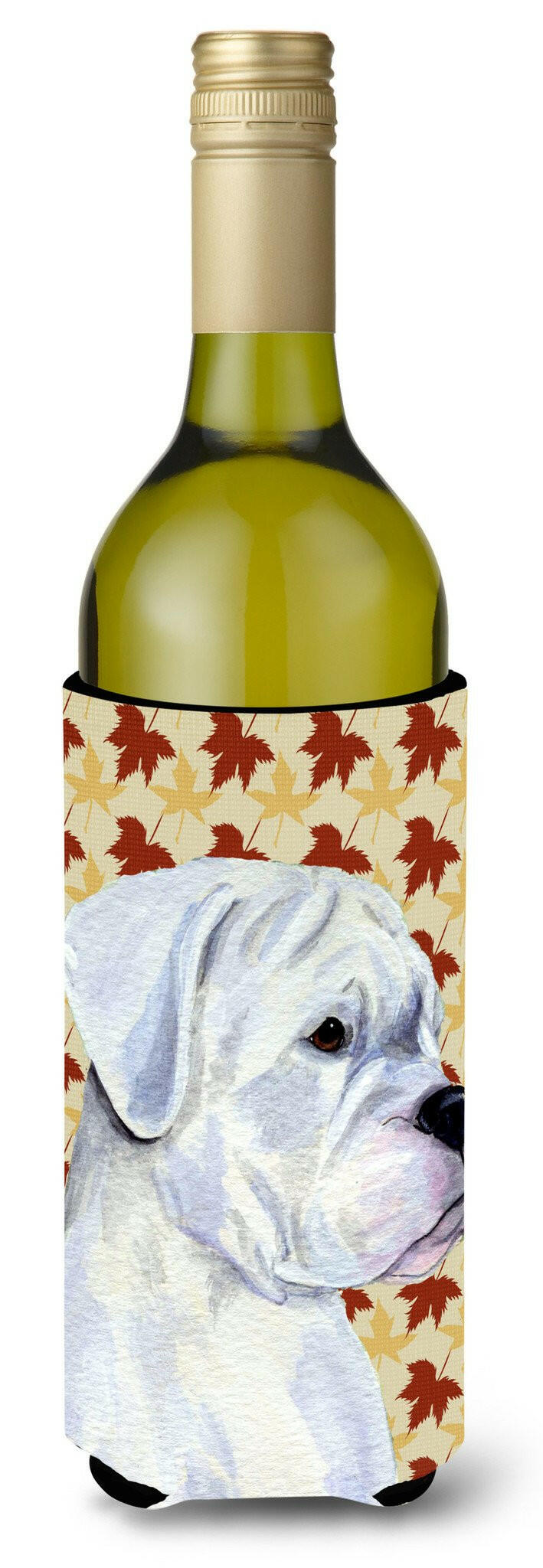 Boxer White Fall Leaves Portrait Wine Bottle Beverage Insulator Beverage Insulator Hugger by Caroline's Treasures