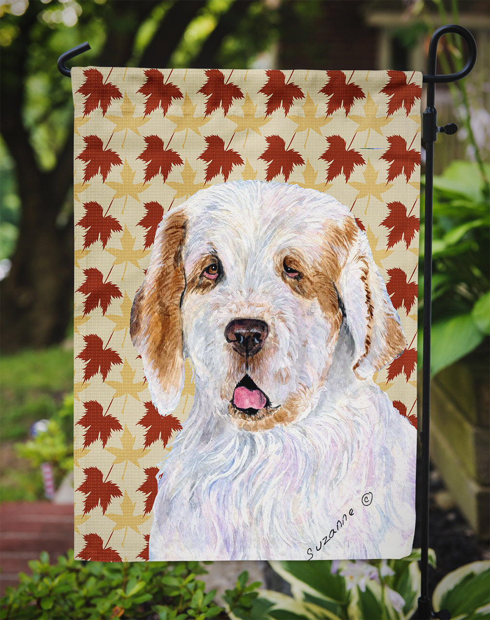 Clumber Spaniel Fall Leaves Portrait Flag Garden Size.