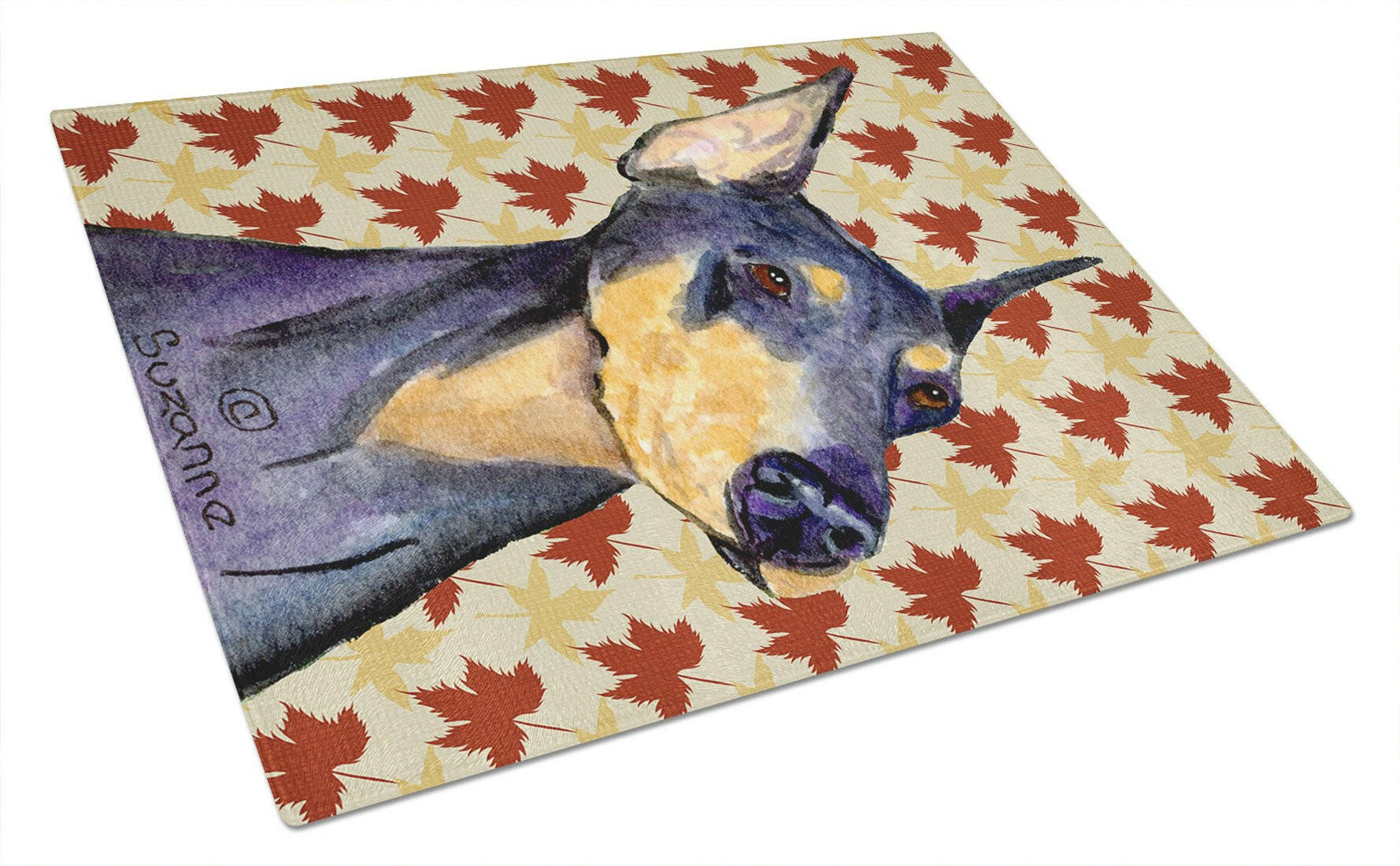 Doberman Fall Leaves Portrait Glass Cutting Board Large by Caroline's Treasures