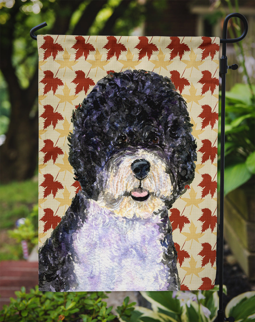 Portuguese Water Dog Fall Leaves Portrait Flag Garden Size.