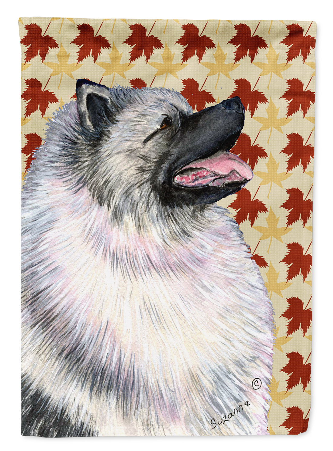 Keeshond Fall Leaves Portrait Flag Garden Size.