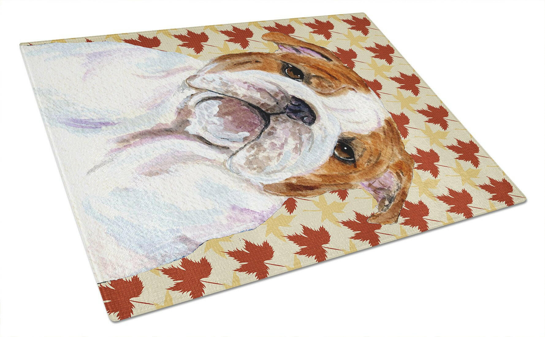 Bulldog English Fall Leaves Portrait Glass Cutting Board Large by Caroline's Treasures