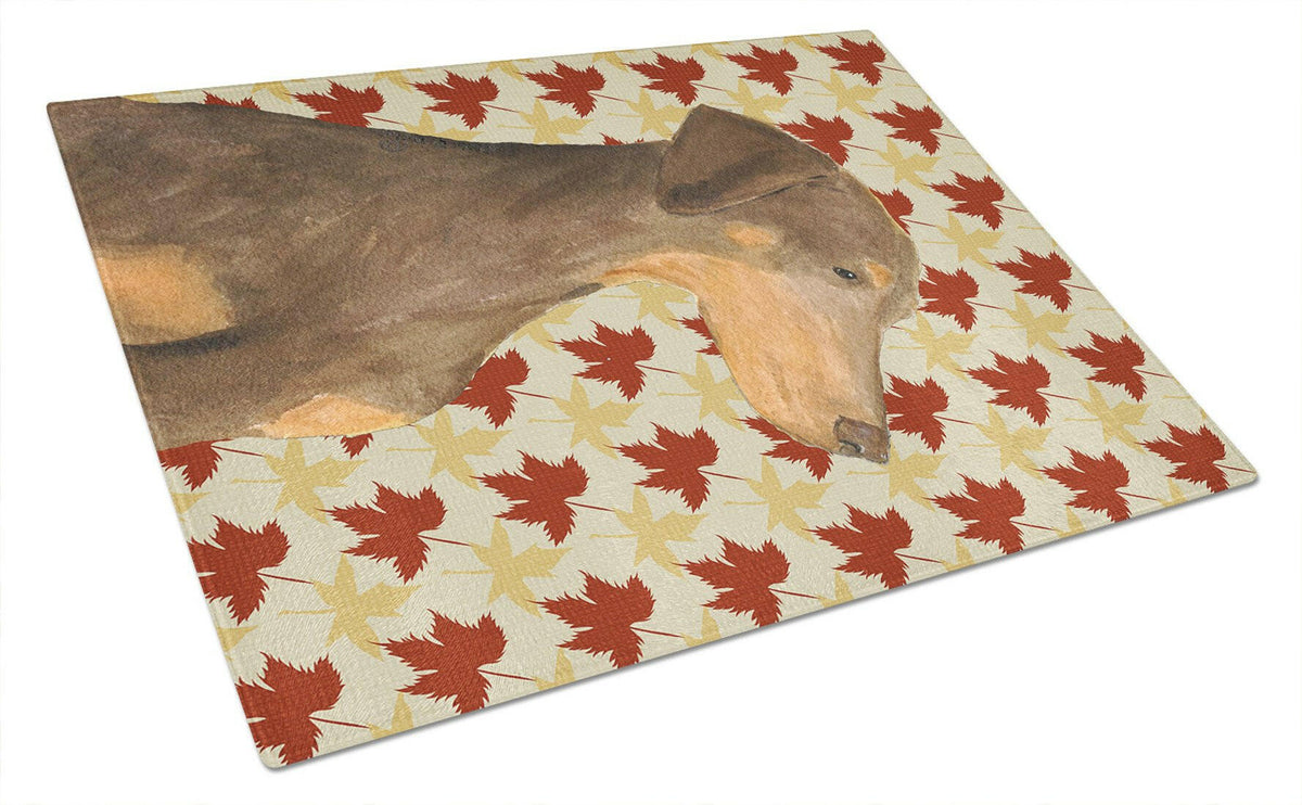 Doberman Fall Leaves Portrait Glass Cutting Board Large by Caroline&#39;s Treasures