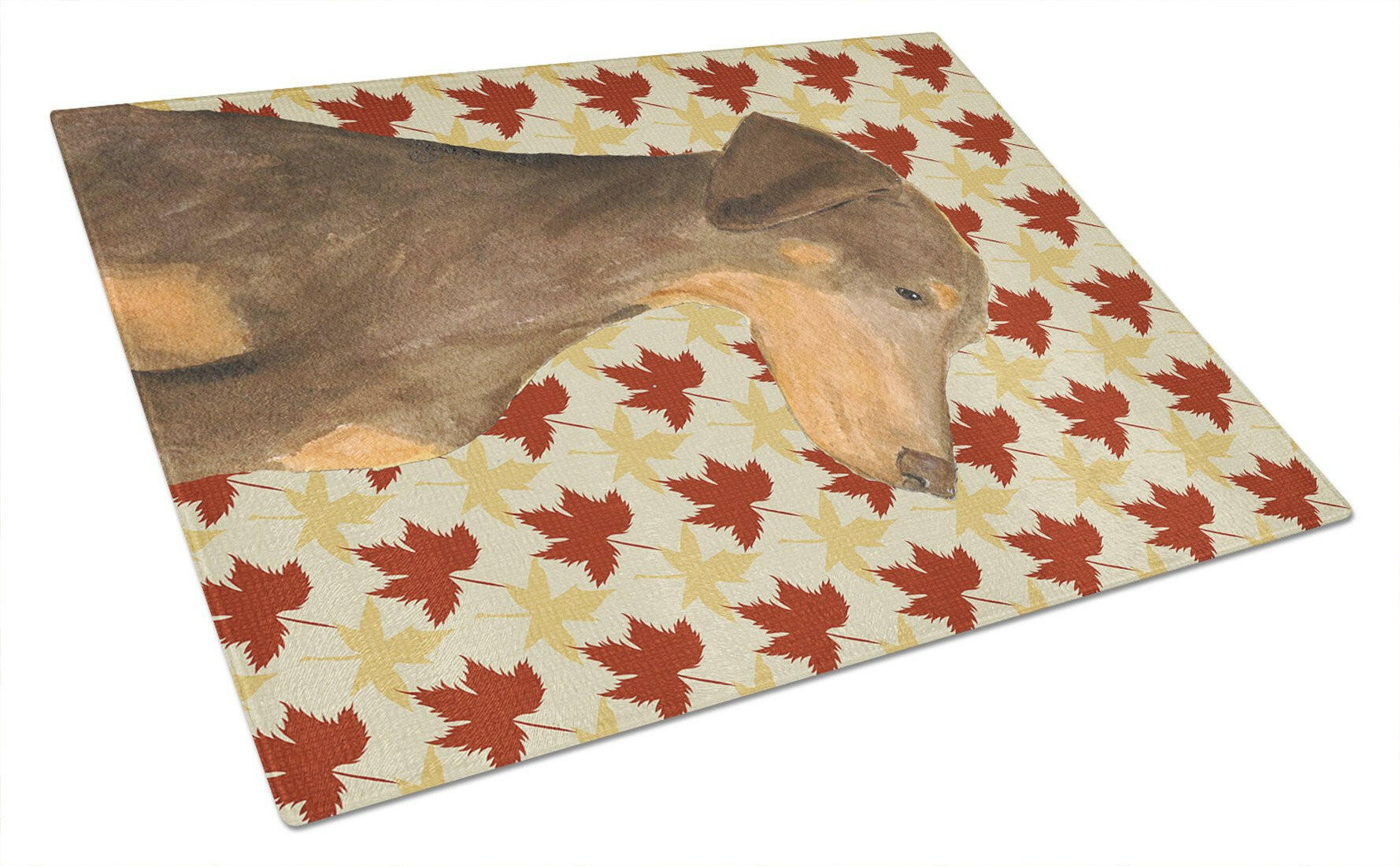 Doberman Fall Leaves Portrait Glass Cutting Board Large by Caroline's Treasures