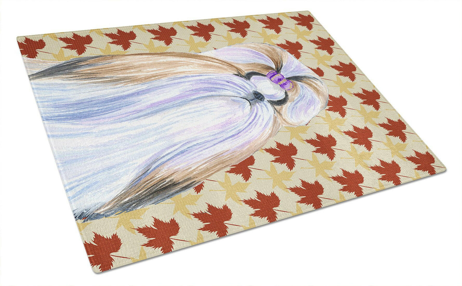 Shih Tzu Fall Leaves Portrait Glass Cutting Board Large by Caroline's Treasures