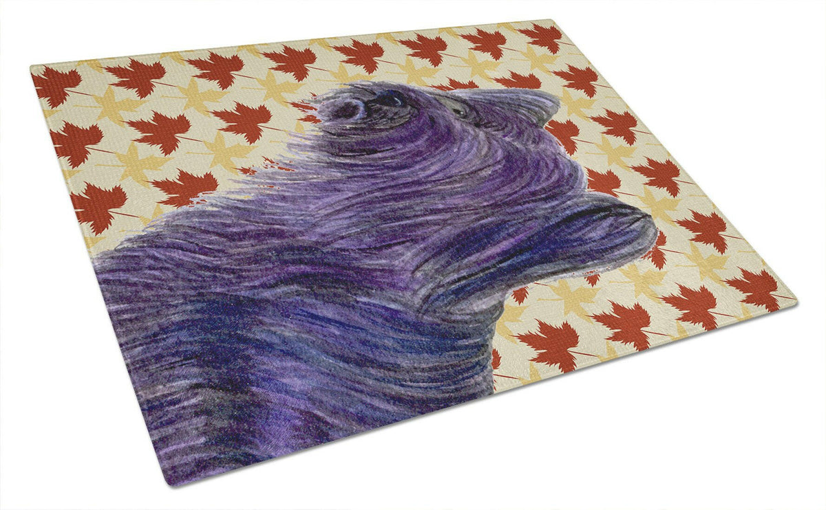 Skye Terrier Fall Leaves Portrait Glass Cutting Board Large by Caroline&#39;s Treasures