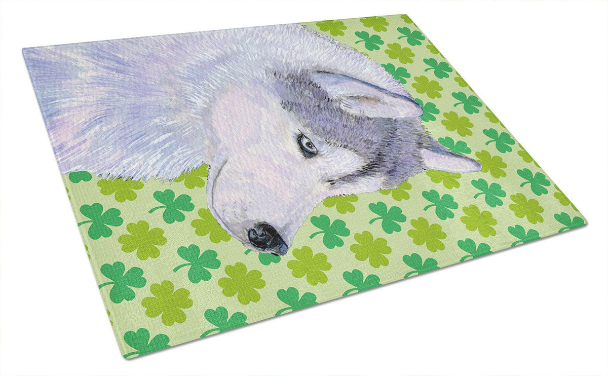 Siberian Husky St. Patrick&#39;s Day Shamrock Portrait Glass Cutting Board Large by Caroline&#39;s Treasures