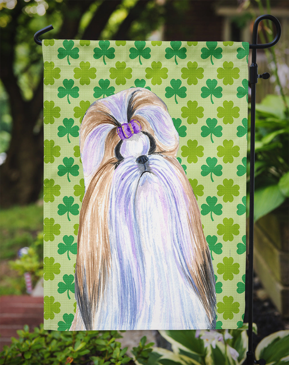 Shih Tzu St. Patrick's Day Shamrock Portrait Flag Garden Size.