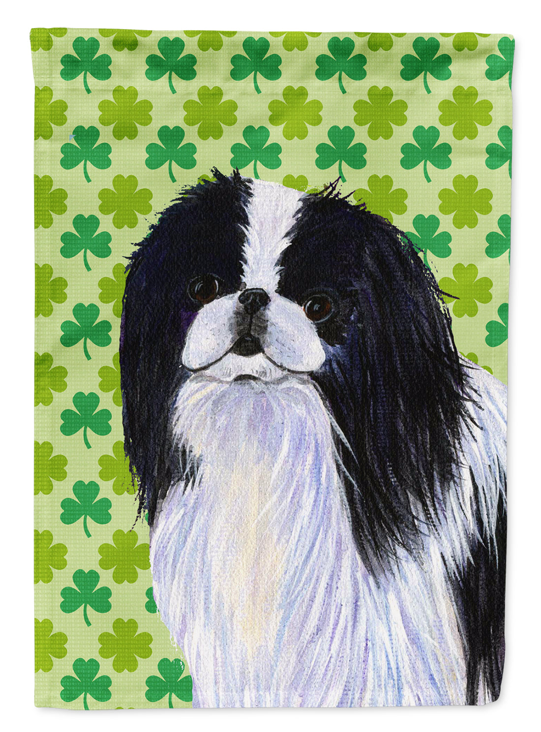 Japanese Chin St. Patrick's Day Shamrock Portrait Flag Garden Size.