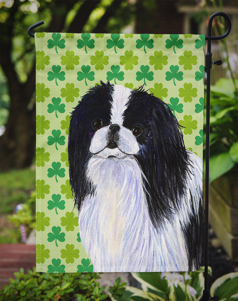 Japanese Chin St. Patrick's Day Shamrock Portrait Flag Garden Size.