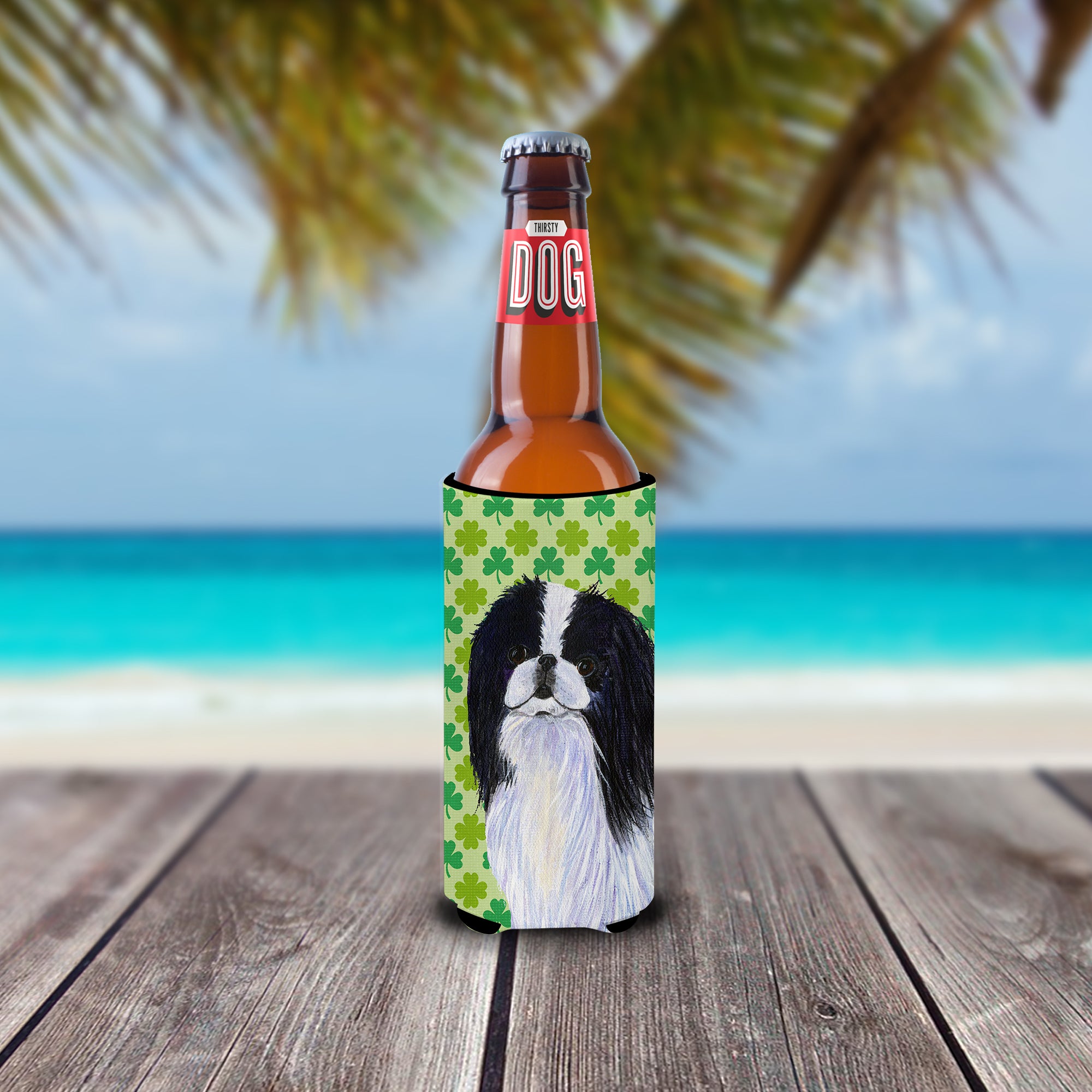 Japanese Chin St. Patrick's Day Shamrock Portrait Ultra Beverage Insulators for slim cans SS4398MUK.