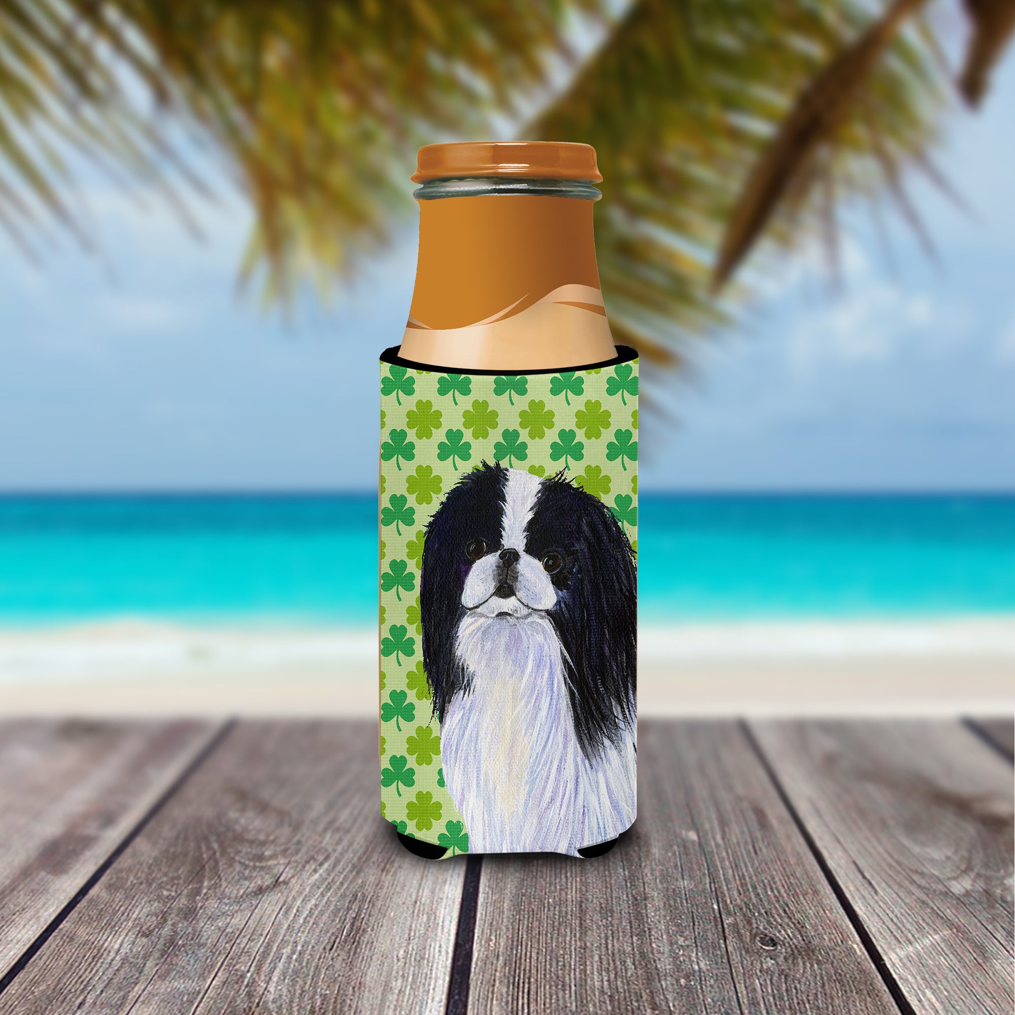 Japanese Chin St. Patrick's Day Shamrock Portrait Ultra Beverage Insulators for slim cans SS4398MUK.