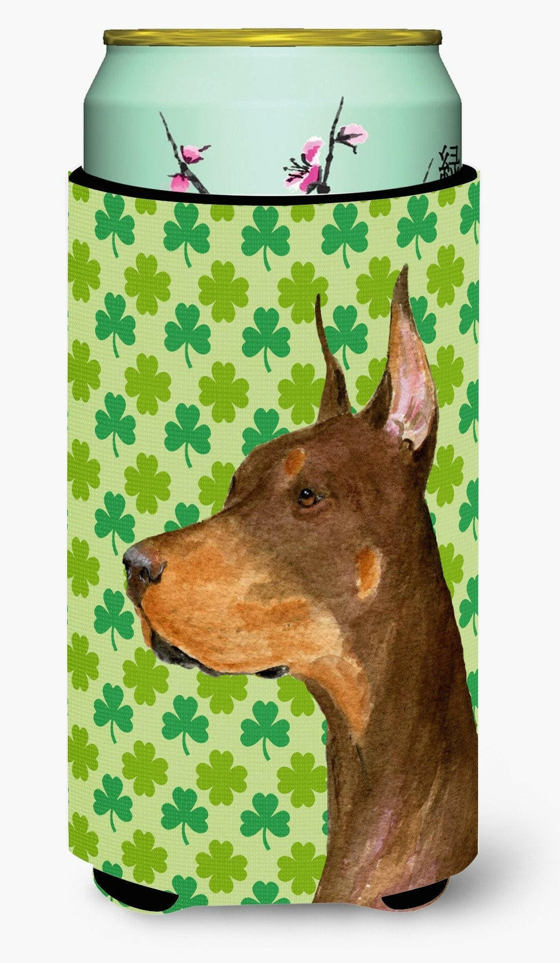 Doberman St. Patrick&#39;s Day Shamrock Portrait  Tall Boy Beverage Insulator Beverage Insulator Hugger by Caroline&#39;s Treasures