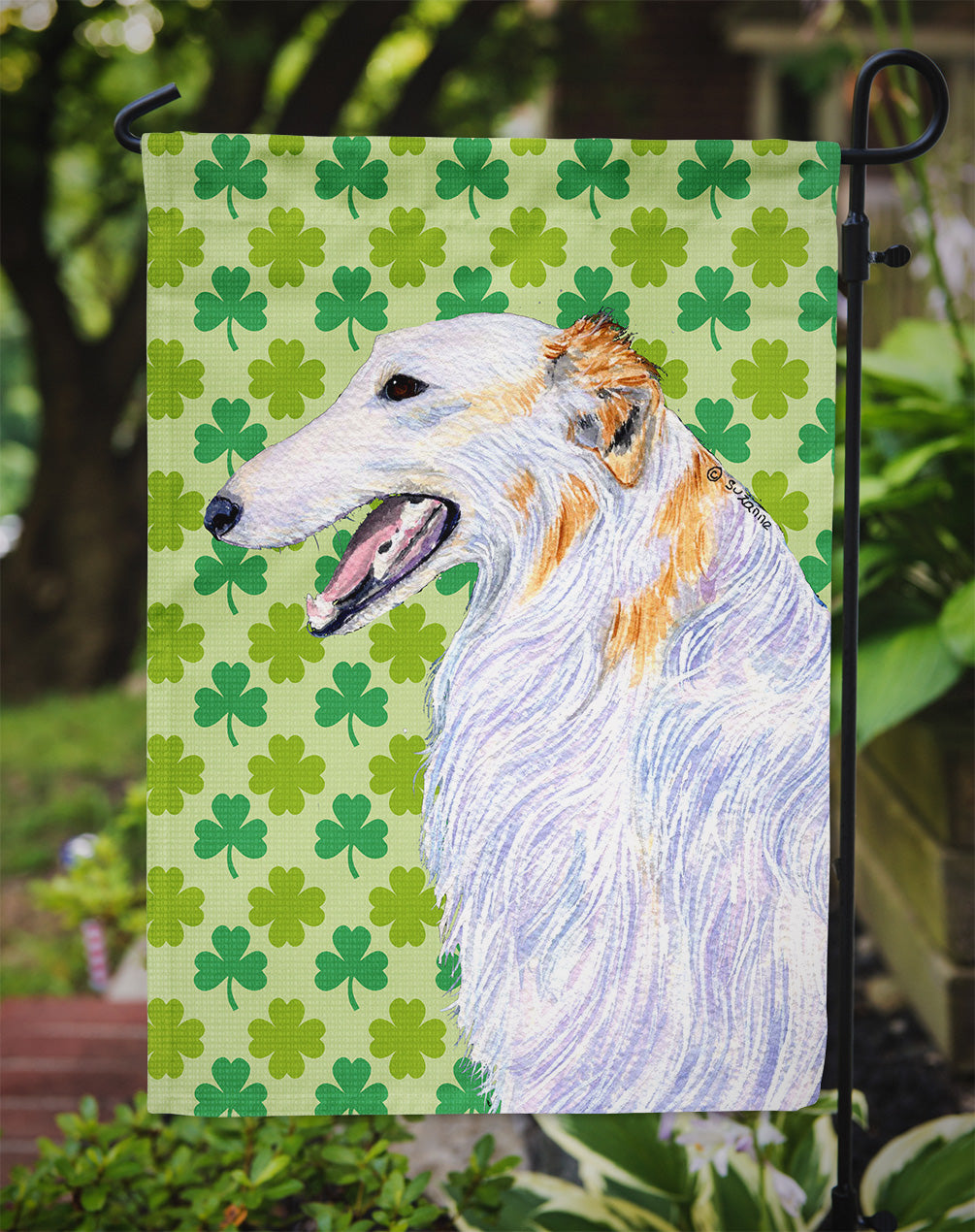 Borzoi St. Patrick's Day Shamrock Portrait Flag Garden Size  the-store.com.