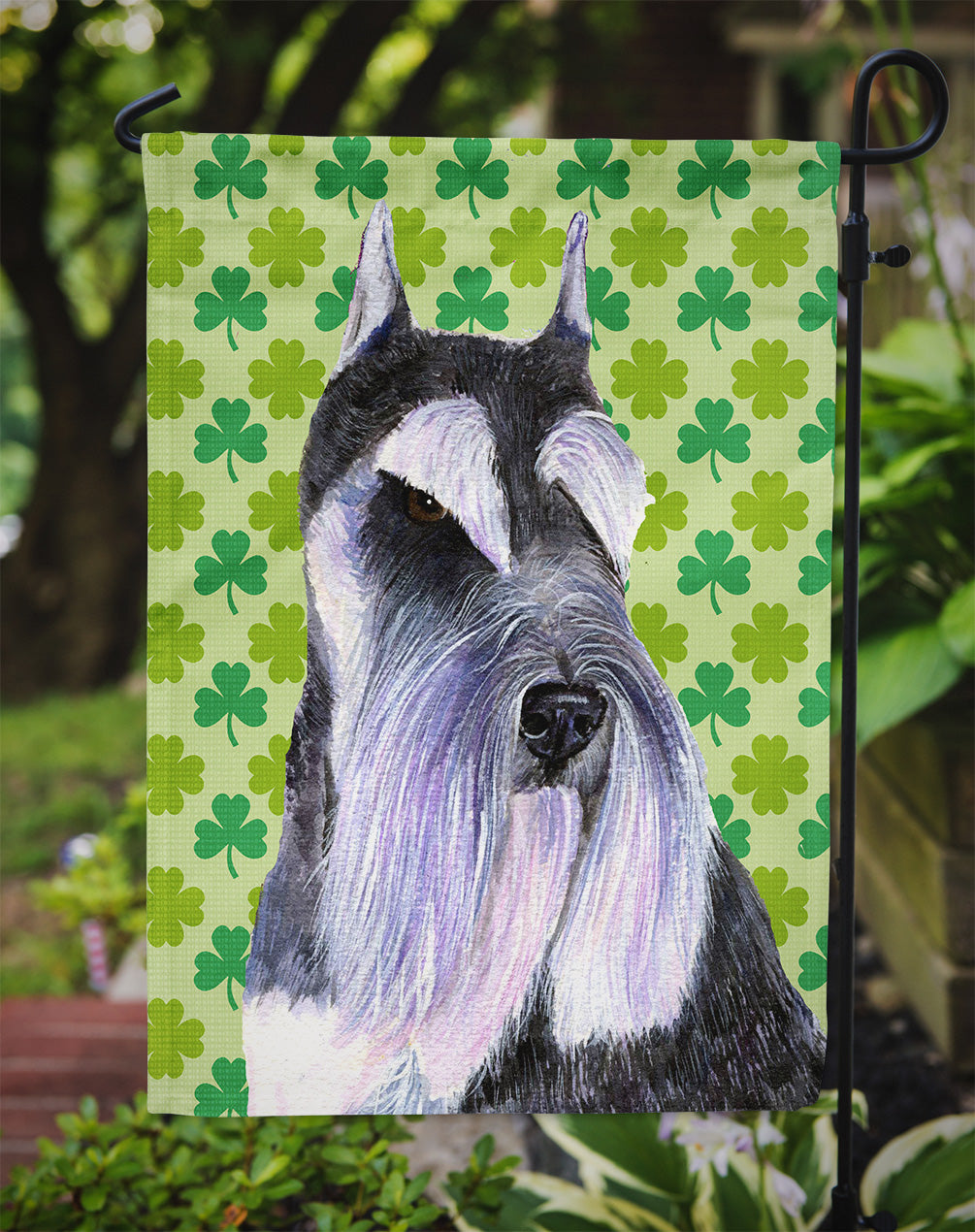 Schnauzer St. Patrick's Day Shamrock Portrait Flag Garden Size.