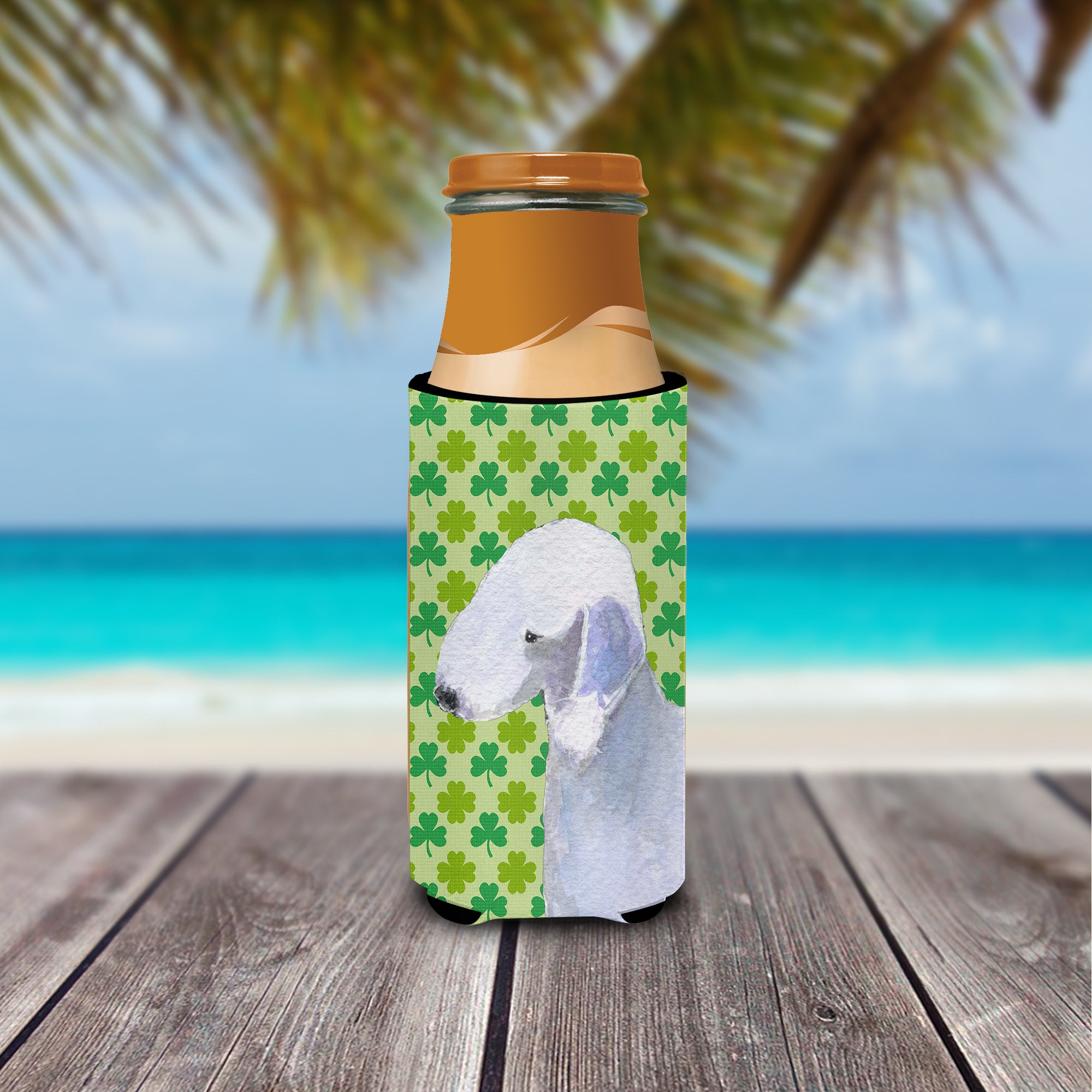 Bedlington Terrier St. Patrick's Day Shamrock Portrait Ultra Beverage Insulators for slim cans SS4414MUK.