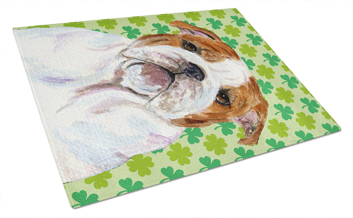 Bulldog English St. Patrick&#39;s Day Shamrock Portrait Glass Cutting Board Large by Caroline&#39;s Treasures